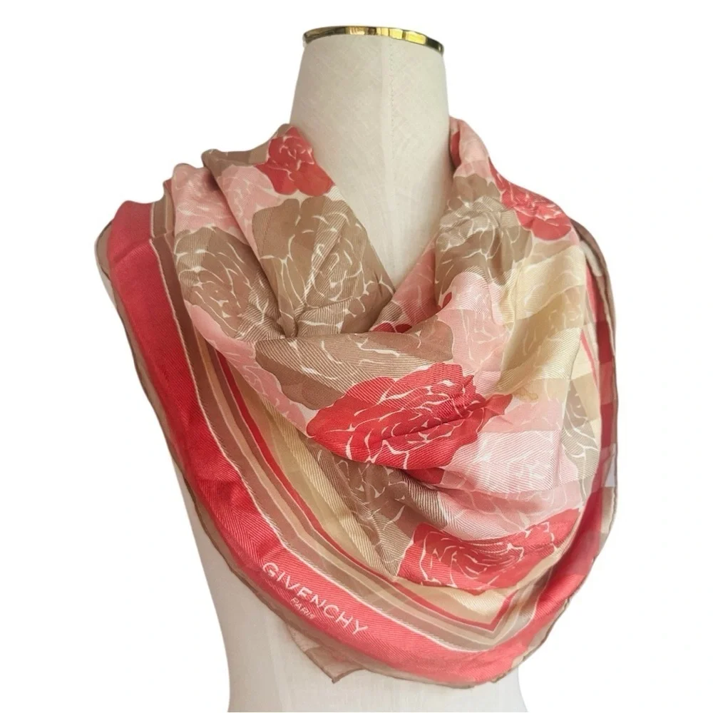 GIVENCHY Beautiful Rose, Pink and Beige Rose Flower Pattern 100% Silk Scarf